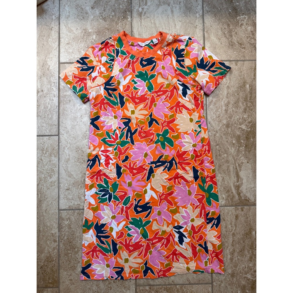 Sport Savvy Womens Orange Floral T-Shirt Dress Short Sleeve Pockets Size S